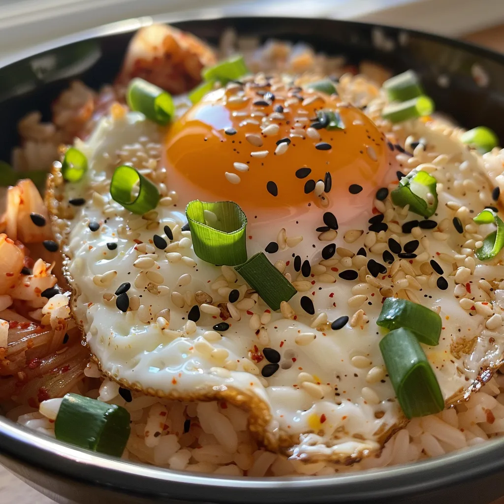 Primer plano del arroz coreano con huevo en un plato, con ingredientes visibles.
