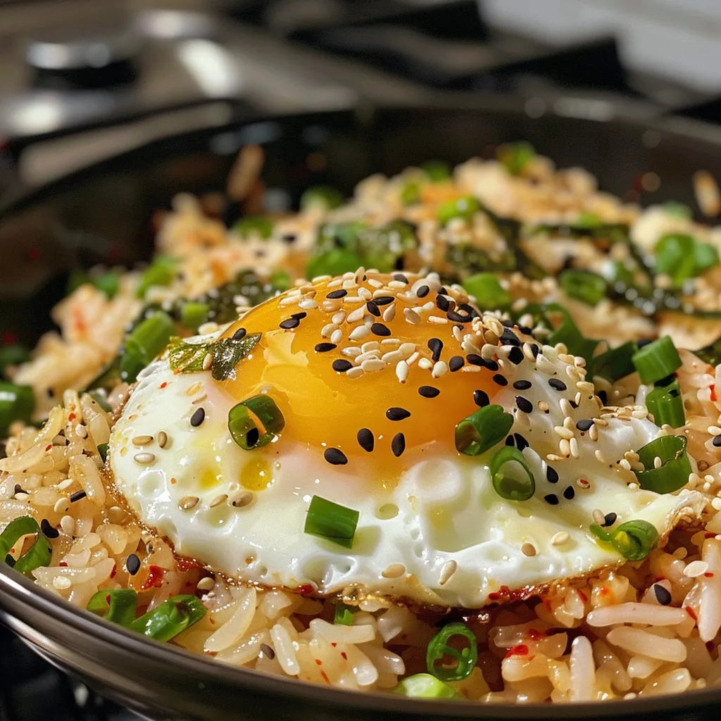 Arroz coreano presentado con un huevo frito encima y decorado con cebollín y semillas de sésamo.