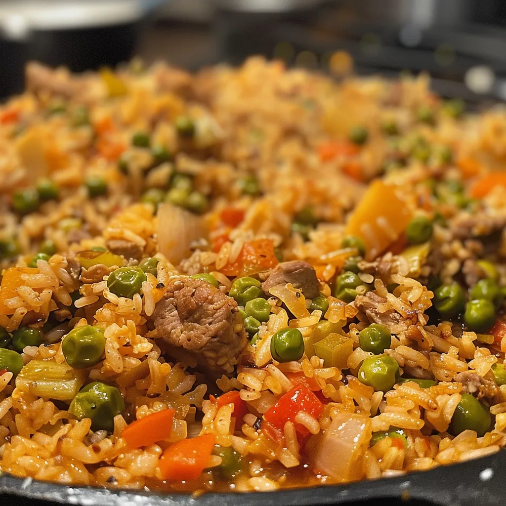 Arroz frito colorido con verduras en un plato, visto de lado.