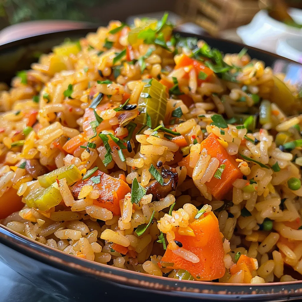 Primer plano de arroz frito con zanahorias, judías verdes y maíz.