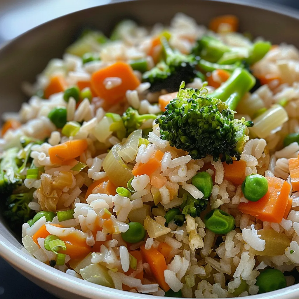 Placa lateral de arroz integral con verduras coloridas.