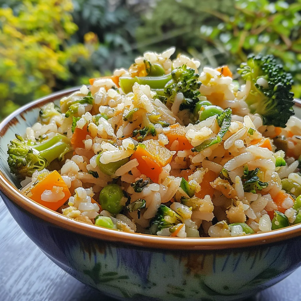 Primer plano de un plato de arroz integral con vegetales frescos.