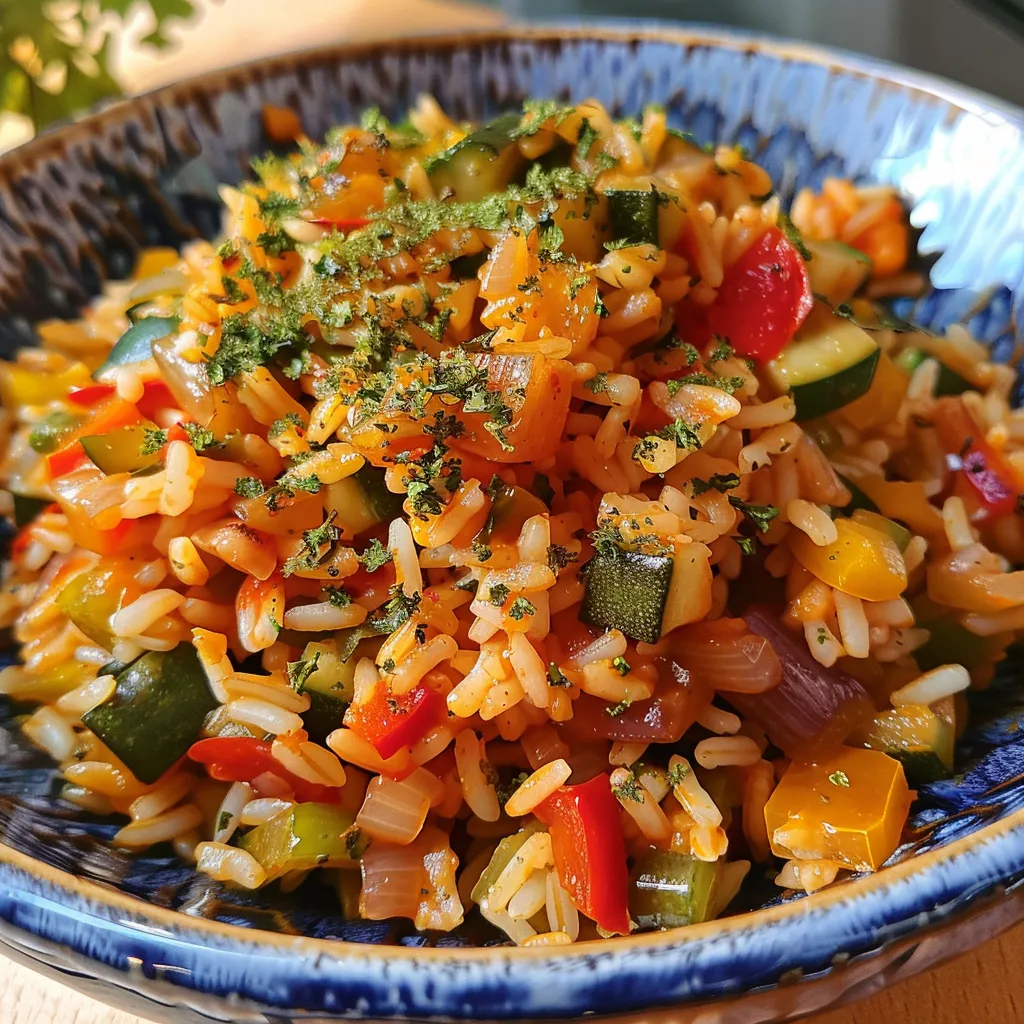Primer plano del arroz salteado con verduras coloridas en un plato.