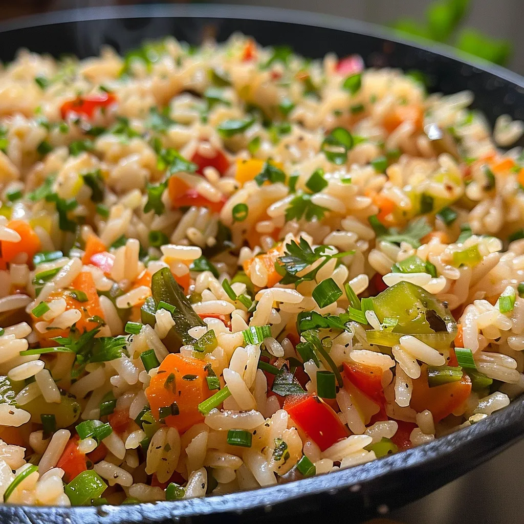 Arroz salteado con verduras frescas visto de lado, servido en un tazón.