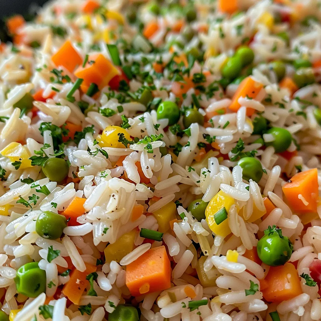 Close-up of a vibrant plate of vegetable rice with colorful mixed vegetables.