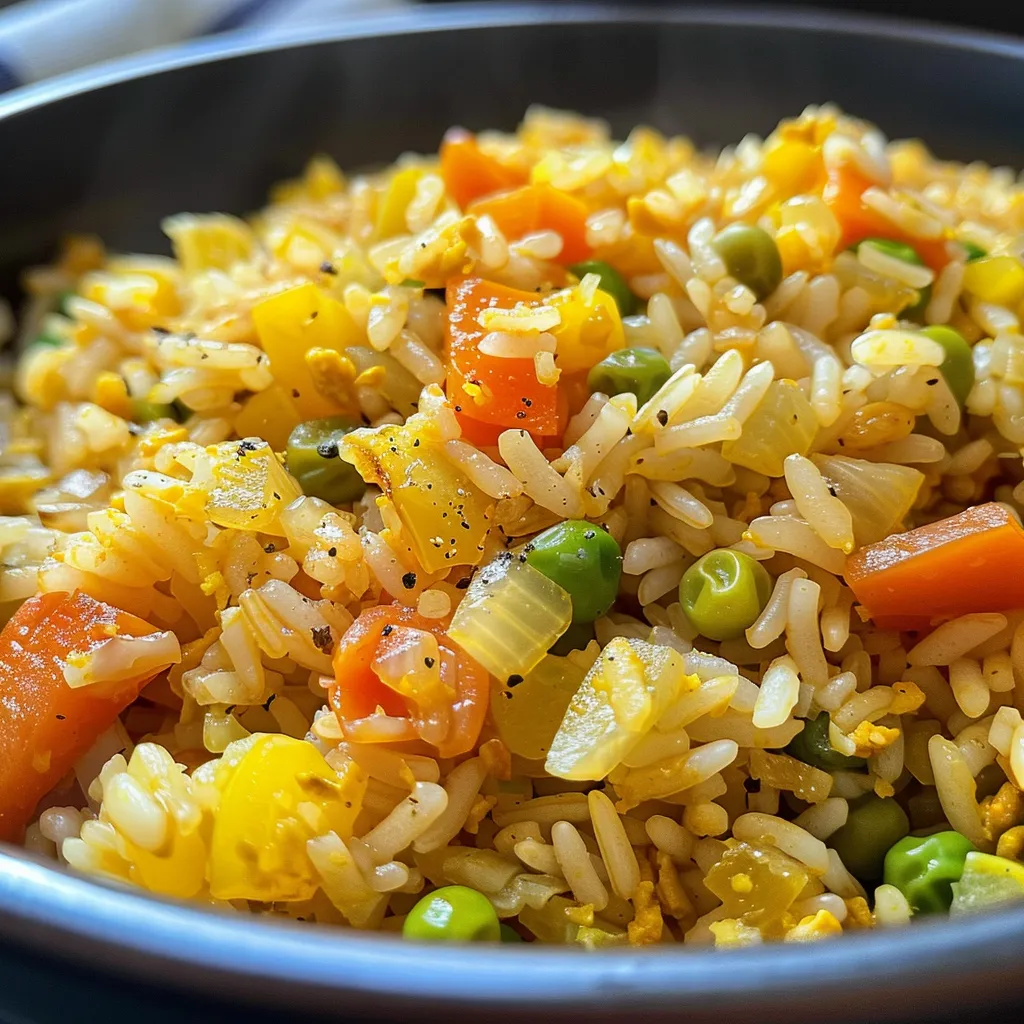 Side view of a dish of Arroz Vegetal showcasing bright vegetables and rice.