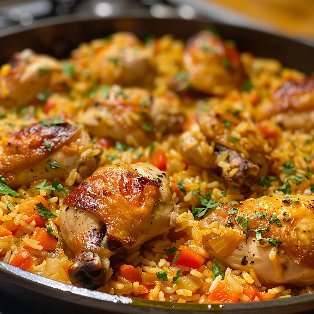 Plato de arroz con pollo servido en un tazón, colorido y apetitoso.