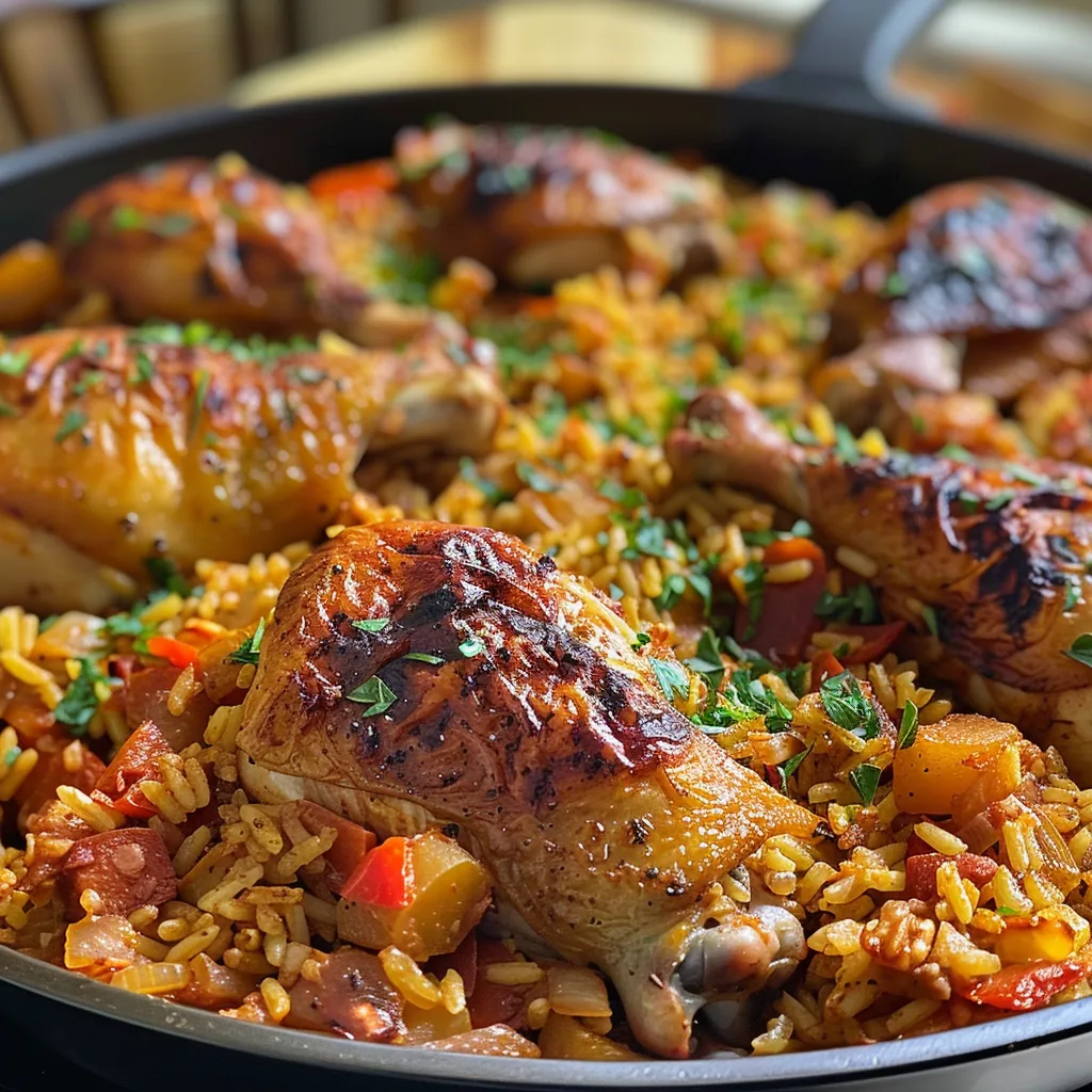 Primer plano de una porción de arroz con pollo, mostrando ingredientes frescos.