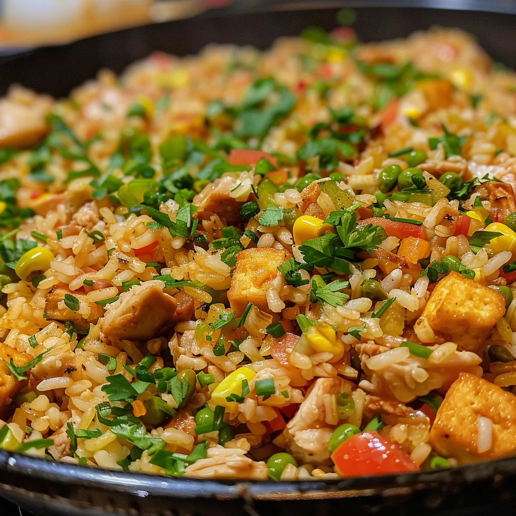 Primer plano de Arroz Frito Casero, mostrando un plato colorido y humeante.