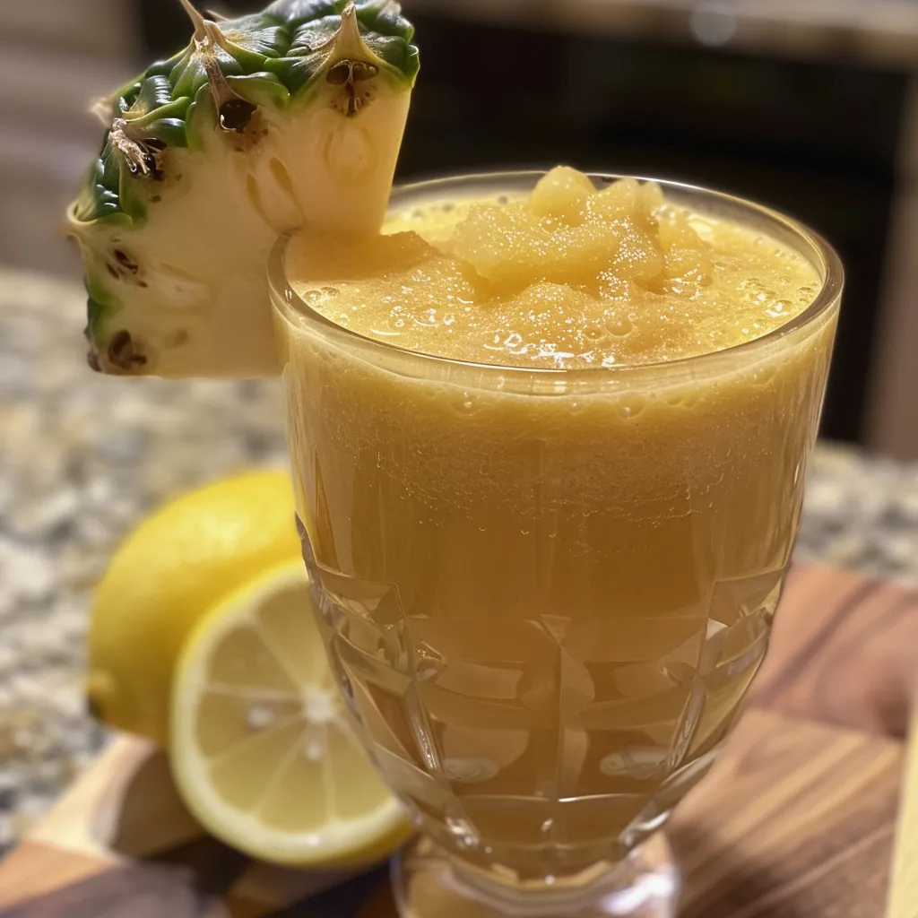 Close up de un batido verde en un vaso, decorado con rodajas de limón.