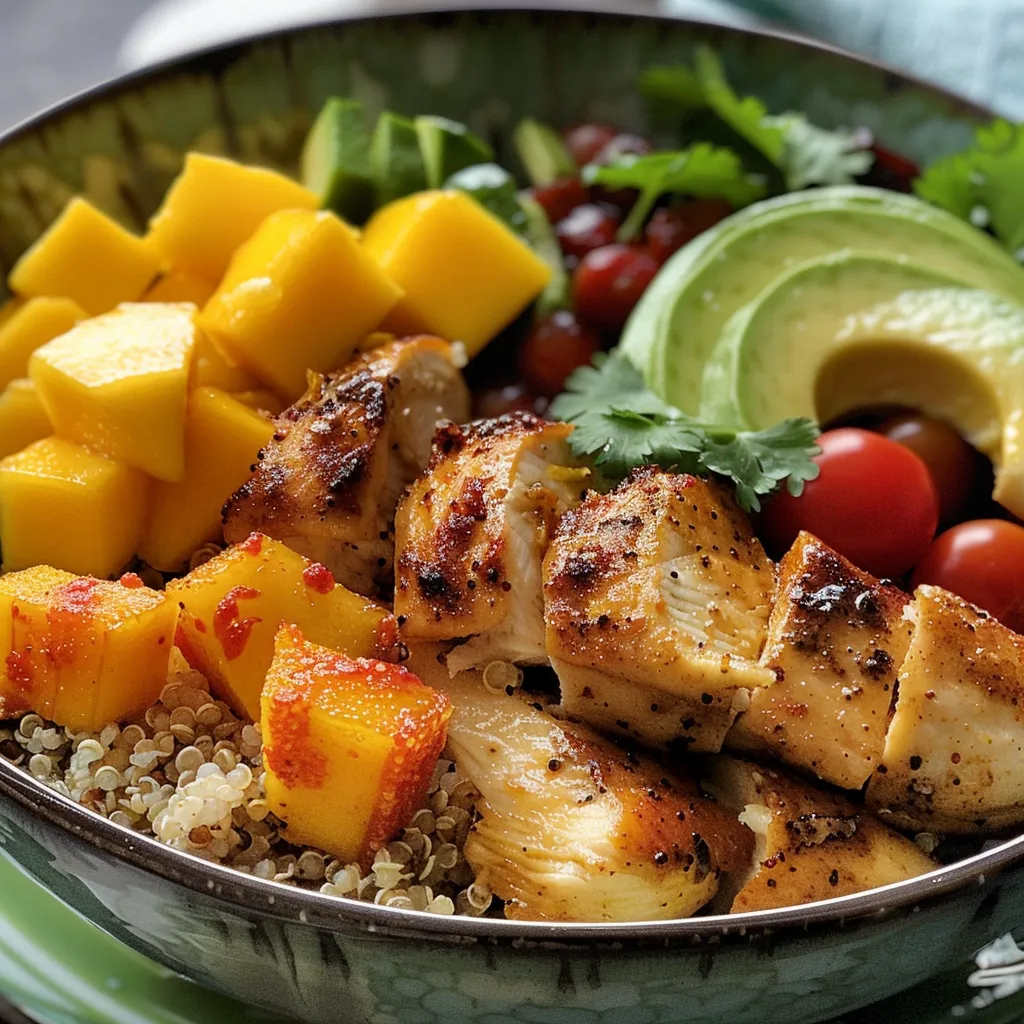 Tazón de pollo, arroz, quinoa y aguacate con coloridos ingredientes frescos.