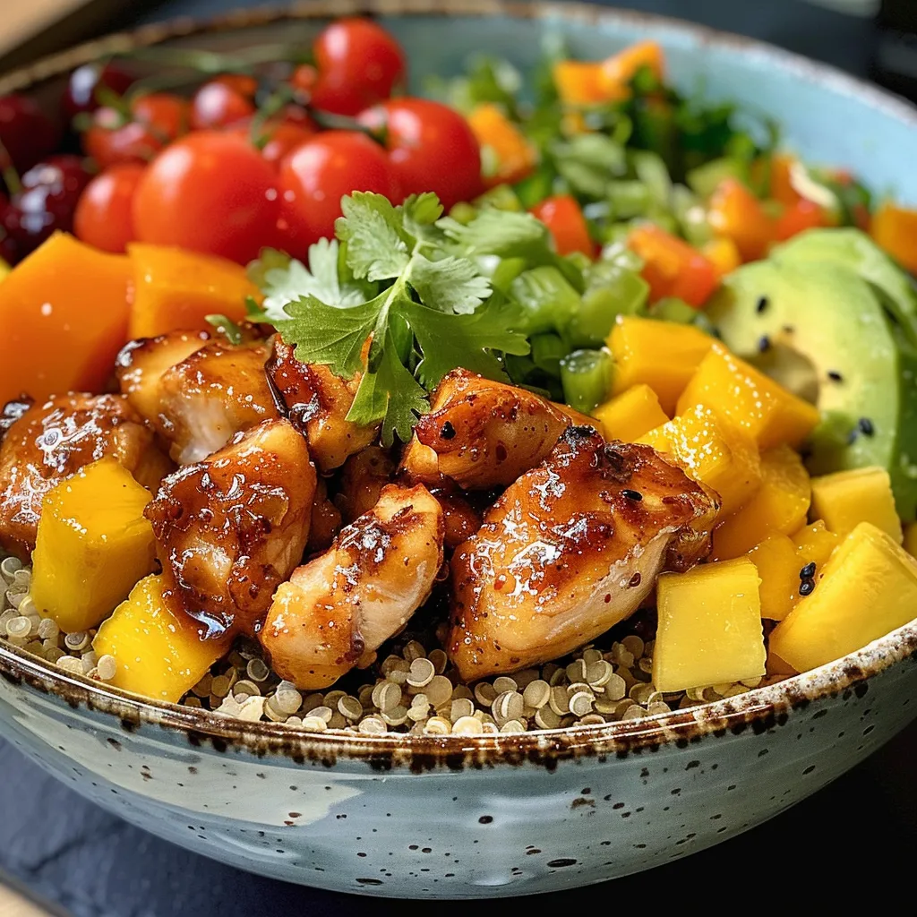 Close up de un bowl con pollo jugoso, quinoa y rodajas de aguacate.