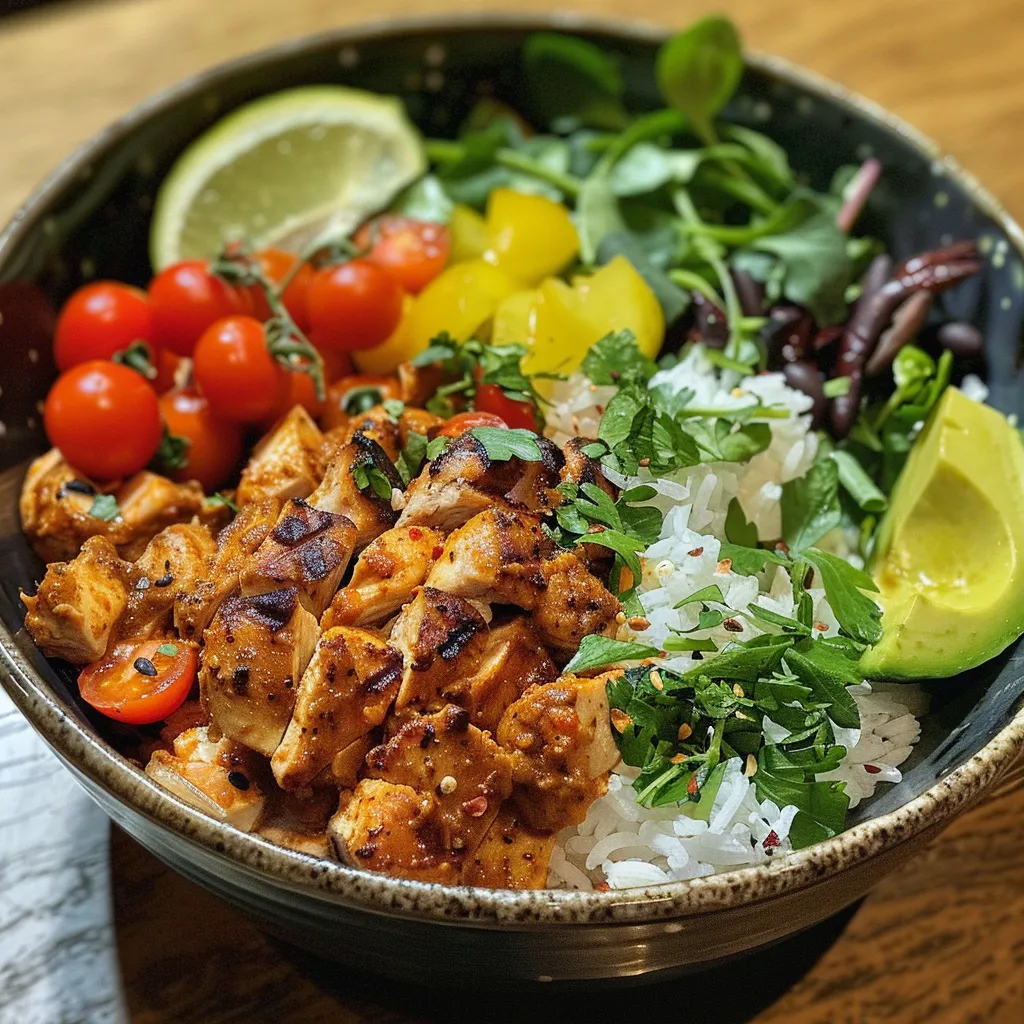 Ensalada colorida con pollo, arroz integral y vegetales frescos.