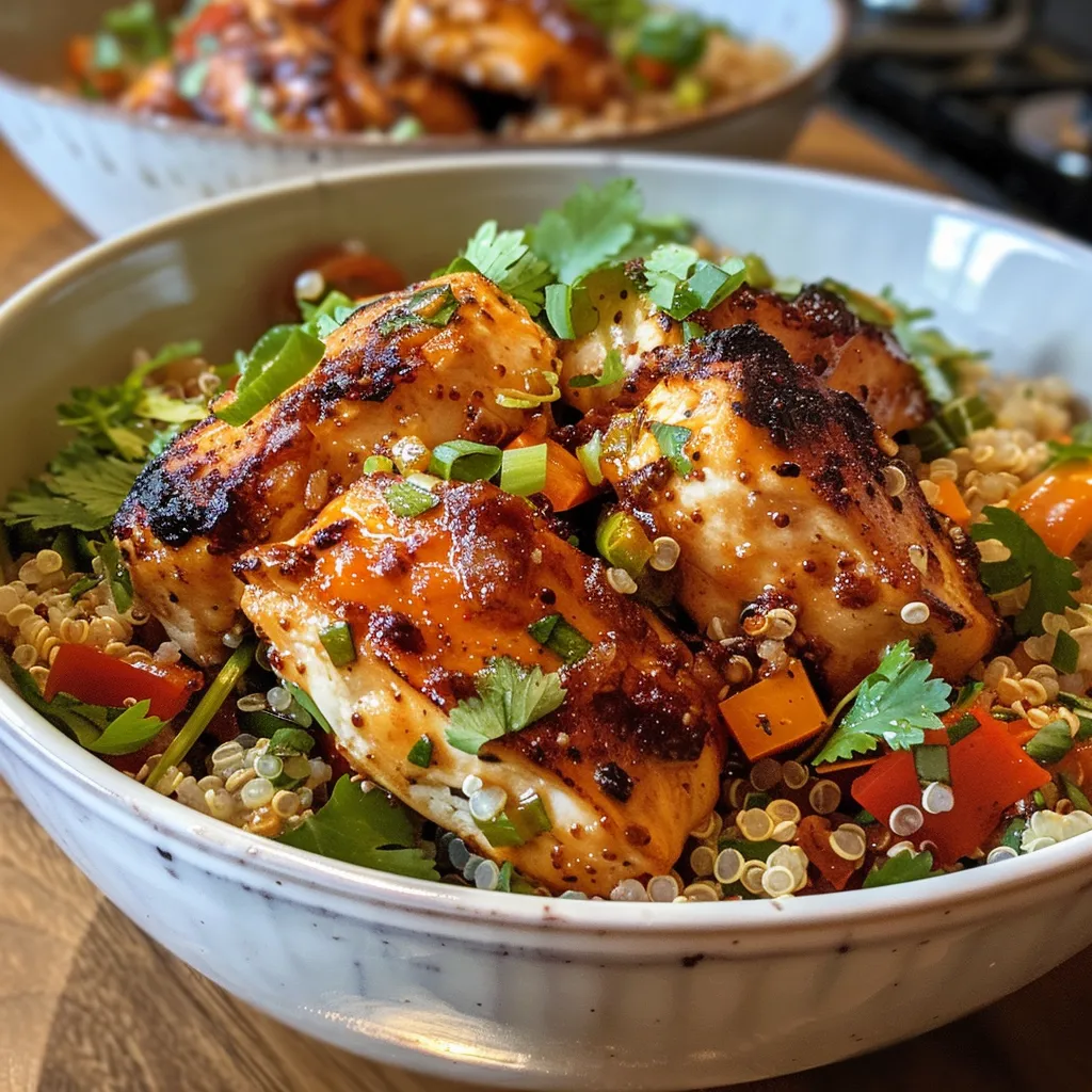 Tazón de pollo griego con ingredientes frescos y coloridos.