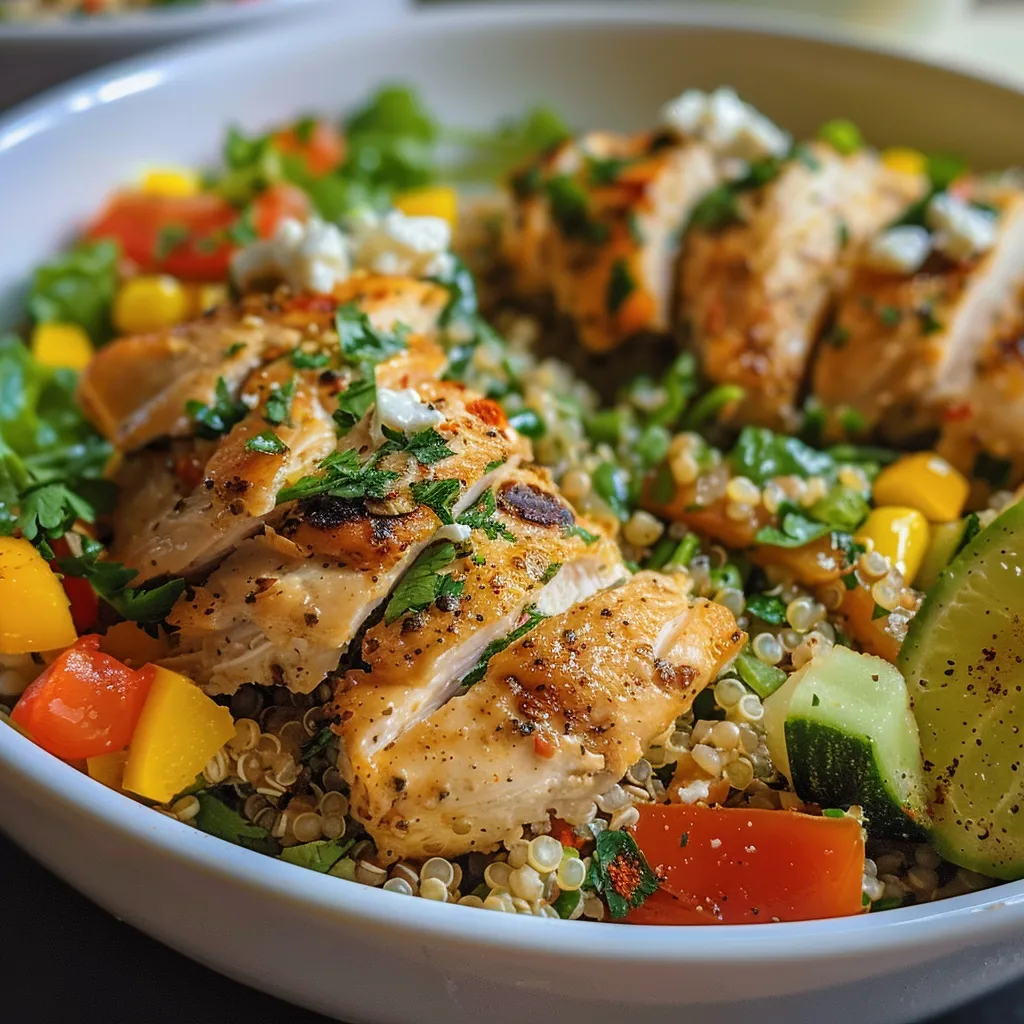 Ensalada de pollo griego con quinoa y verduras.