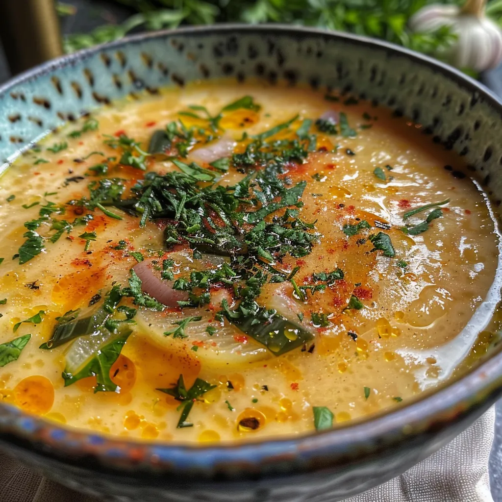 Primer plano de una crema de zanahoria y jengibre en un cuenco decorativo.