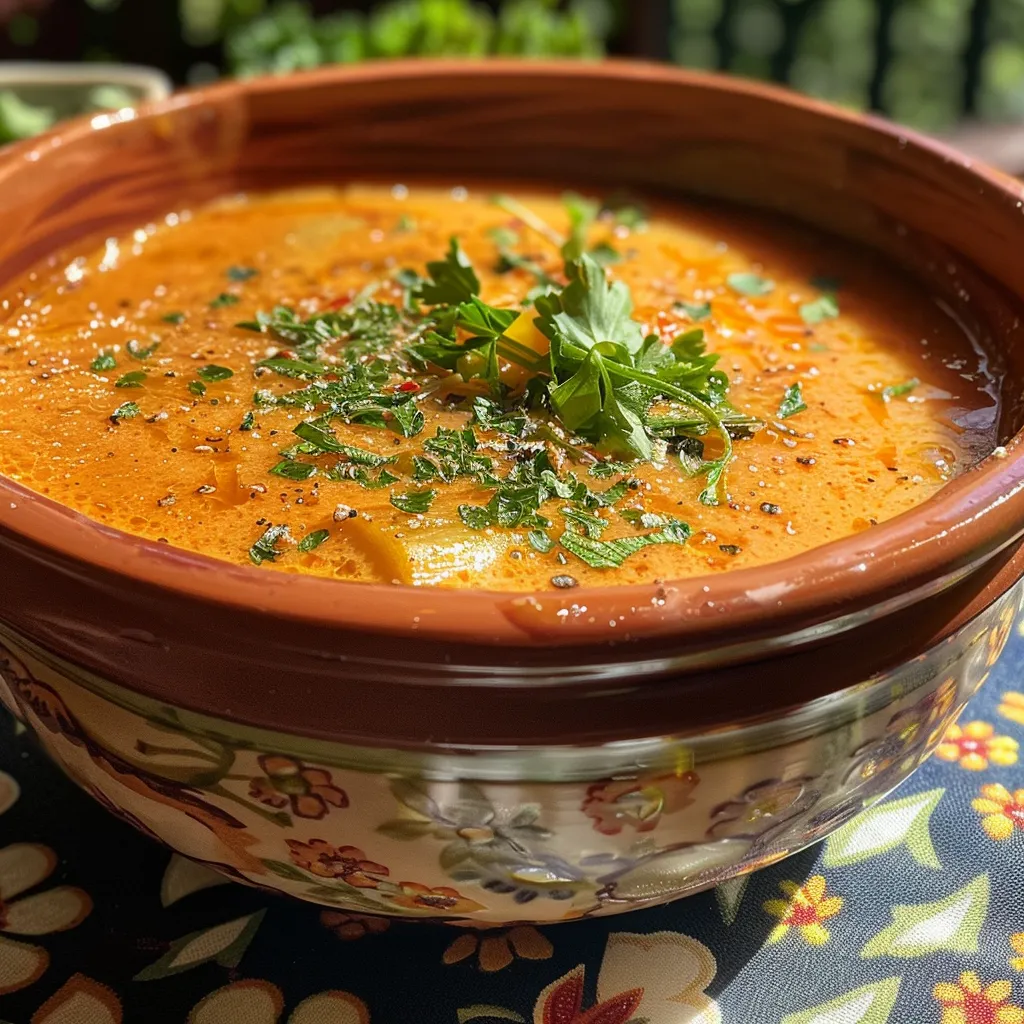 Vista lateral de una crema de zanahoria y jengibre servida con perejil fresco.