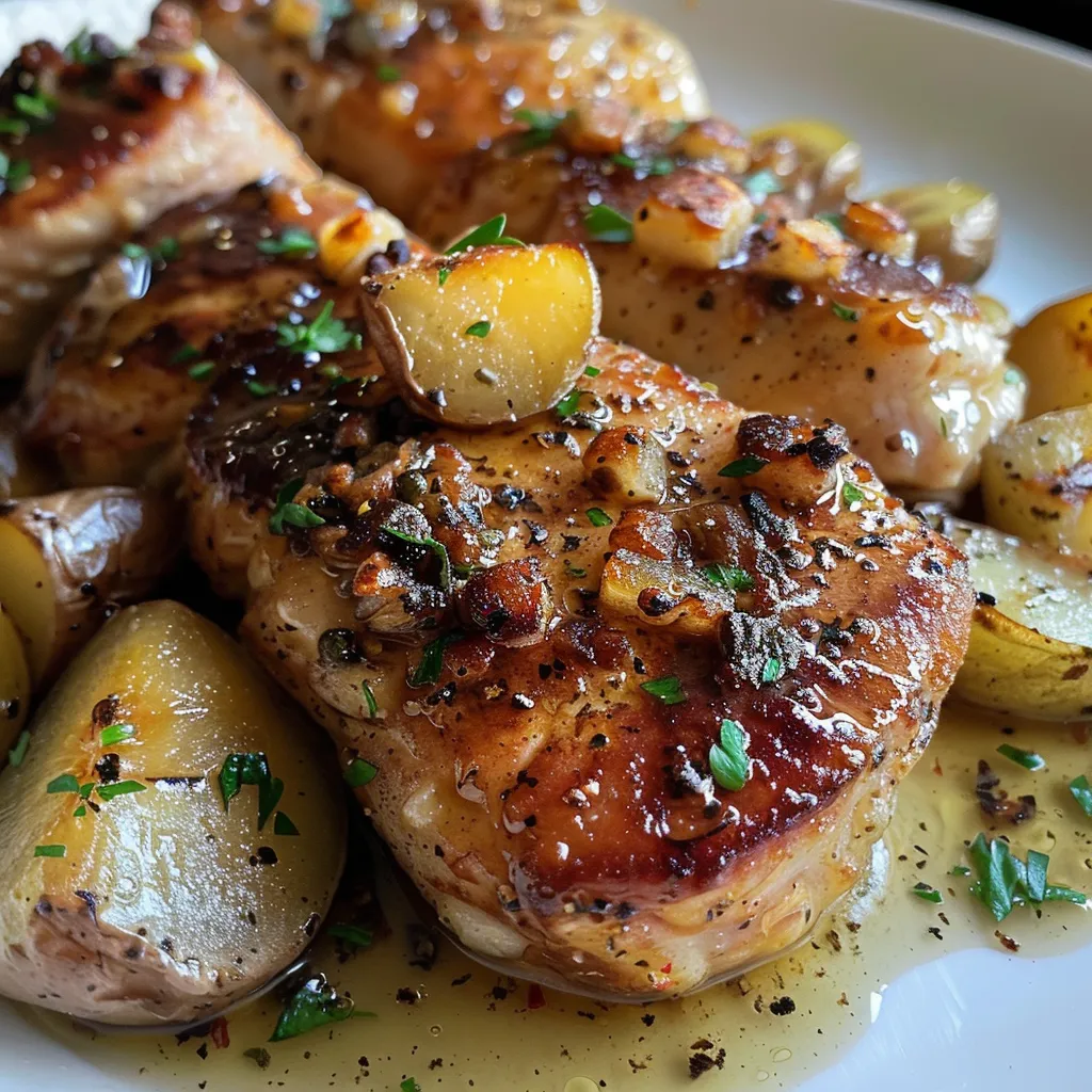 Primer plano de pollo con salsa cremosa y hierbas frescas.