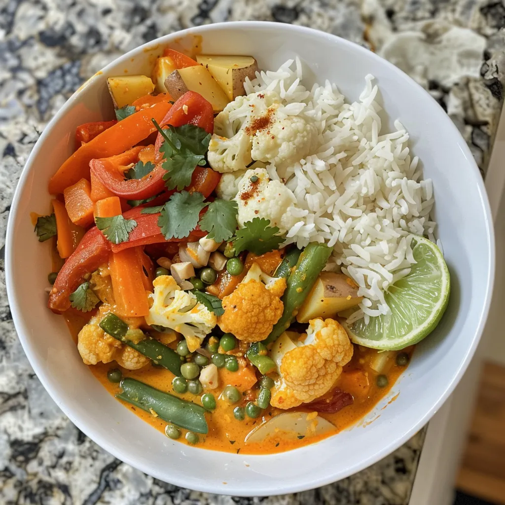 Curry de verduras cremoso en un tazón, con ingredientes frescos alrededor.