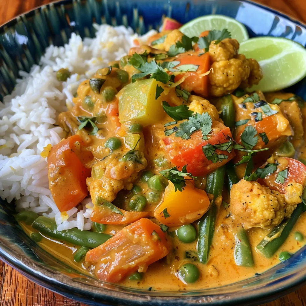Primer plano de curry de verduras con leche de coco, acompañado de arroz.