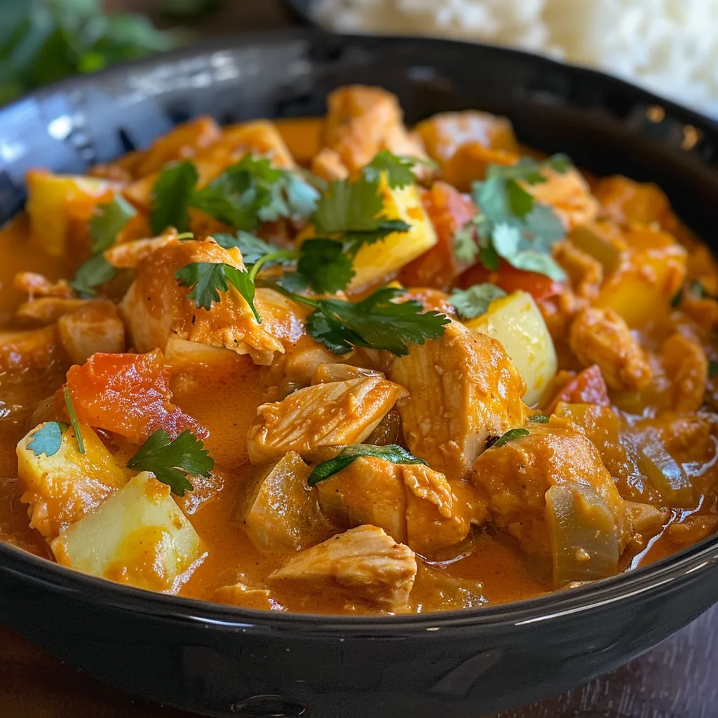 Primer plano de un delicioso Curry Pollo Coco, mostrando trozos de pollo y papas en una salsa cremosa.