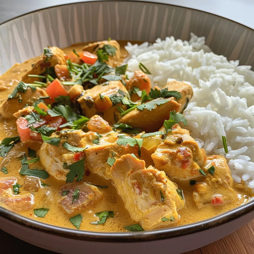 Vista lateral de un plato de Curry Pollo Cremoso con trozos de pollo y salsa amarilla.