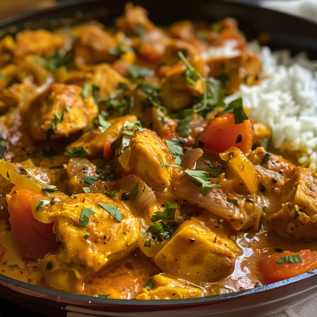 Close up de Curry Pollo Cremoso servido en un plato, mostrando su textura cremosa.
