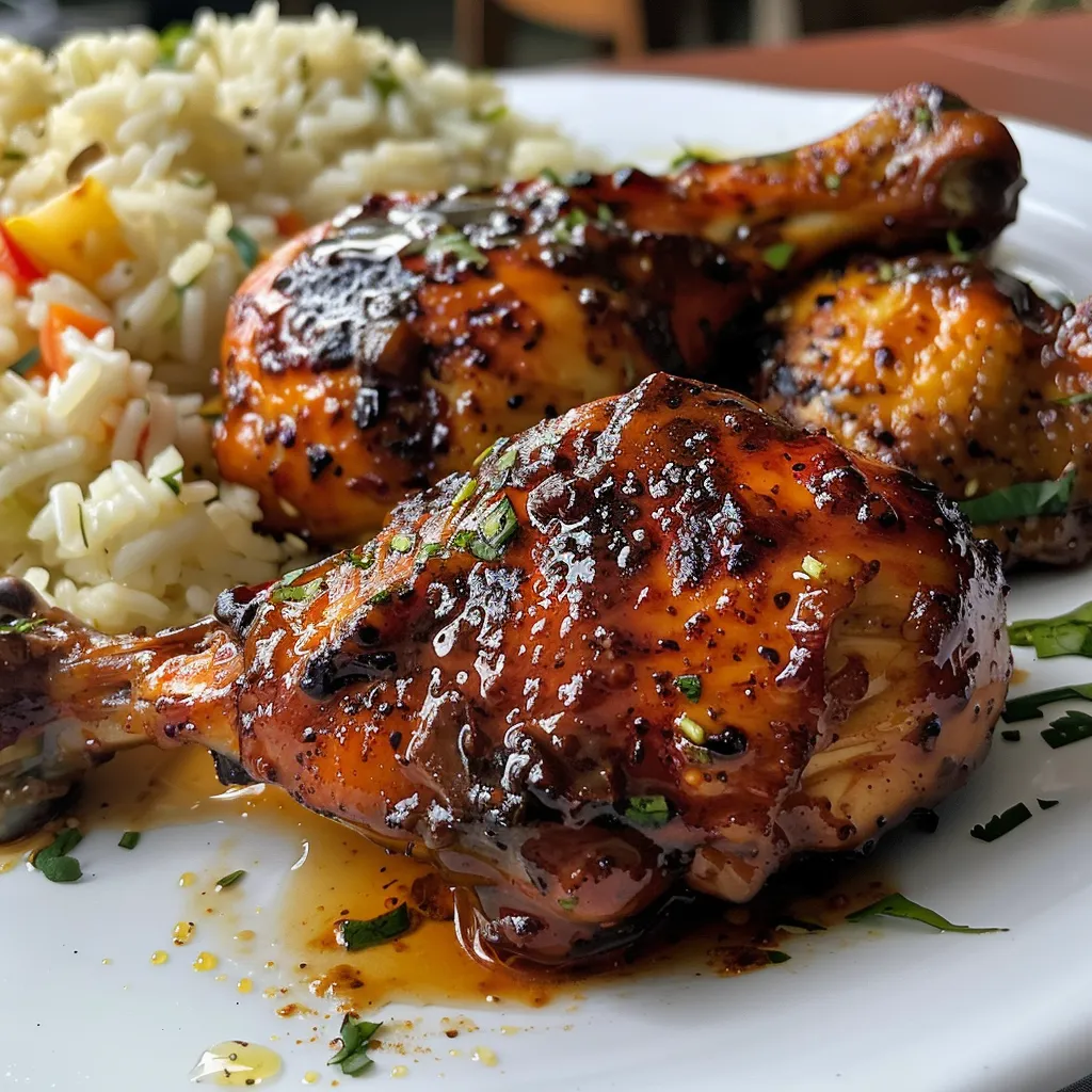 Vista lateral de Delicia de Pollo a la Barbacoa con Miel, con arroz y verduras de acompañamiento.