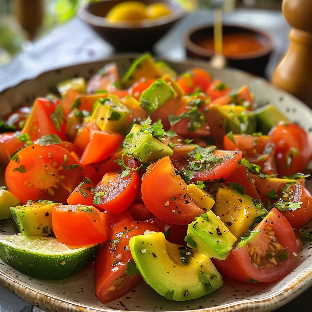 Ensalada de aguacate con tomates cherry y cebolla morada en un plato.