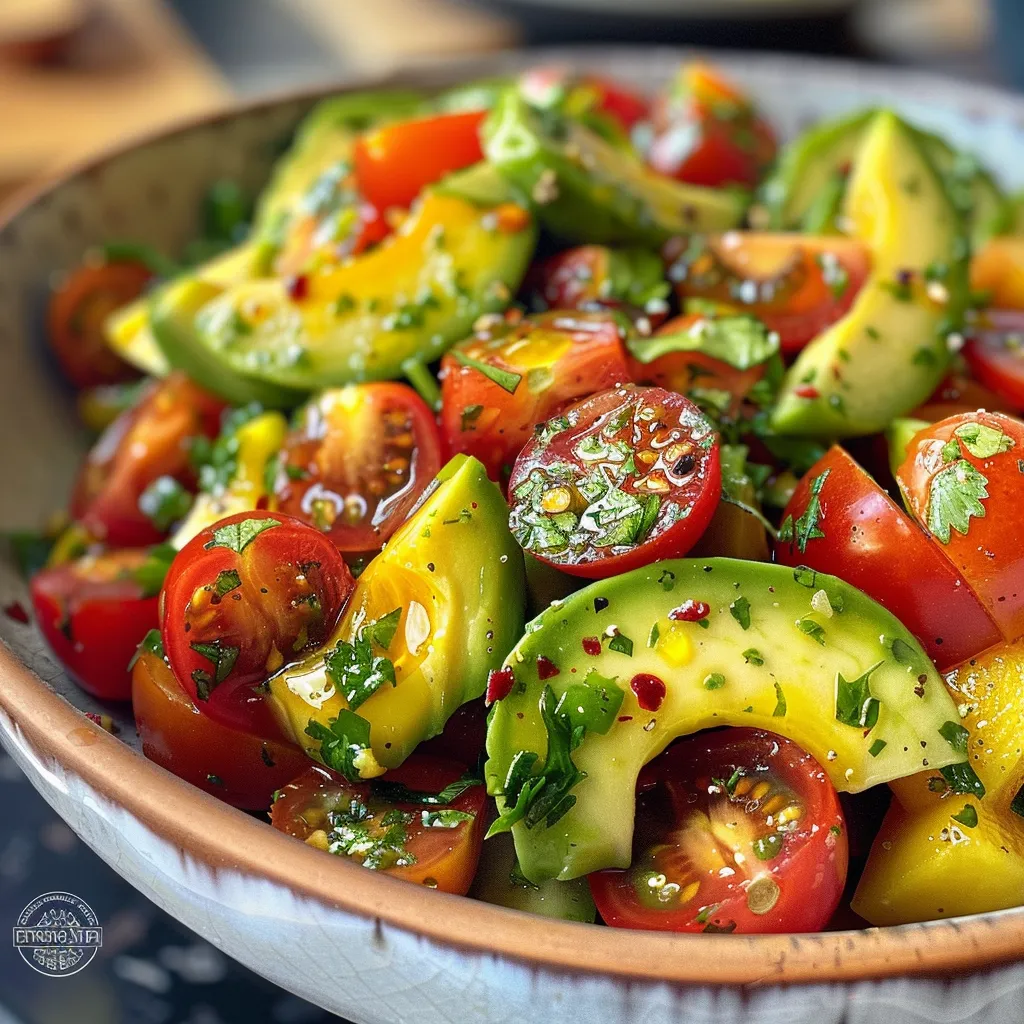 Vista lateral de una ensalada de aguacate fresca y colorida con un fondo claro.