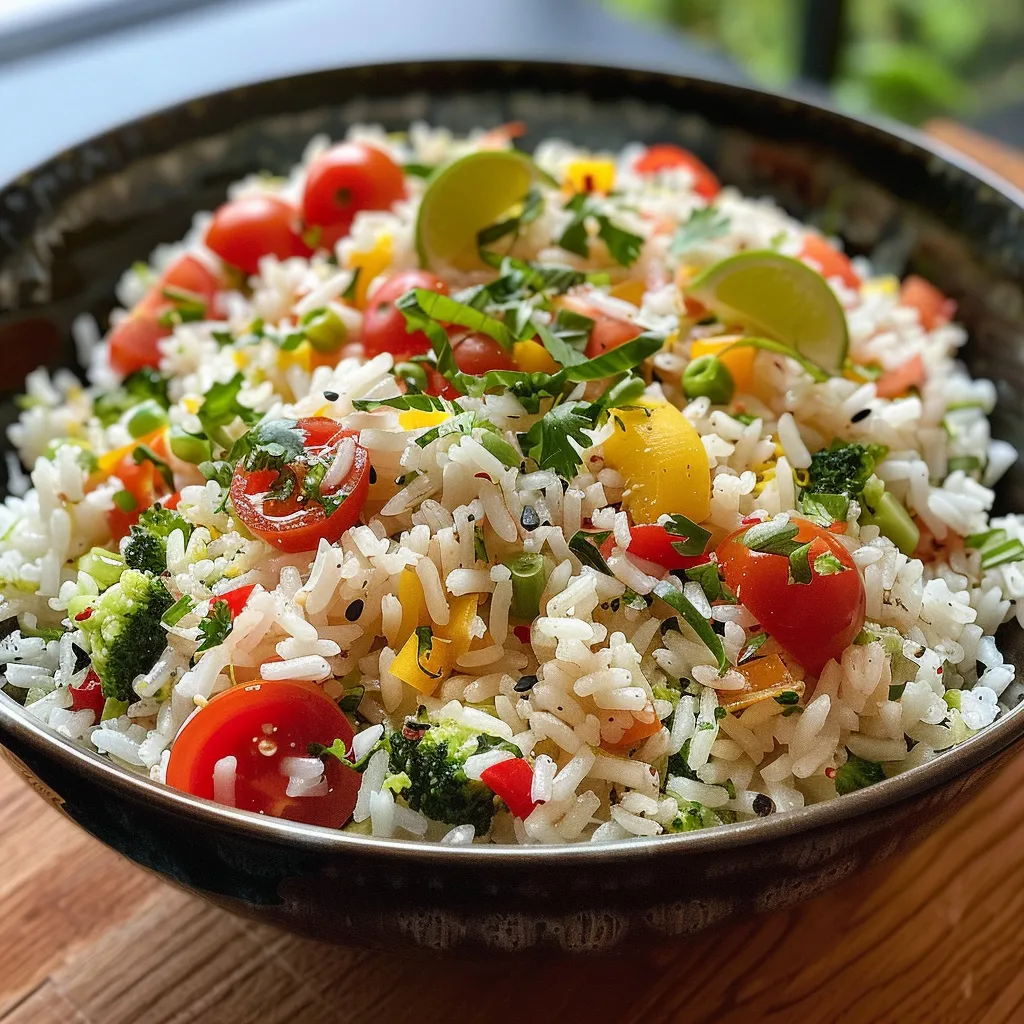 Ensalada de arroz con atún, brócoli, tomates cherry y maíz en un plato.