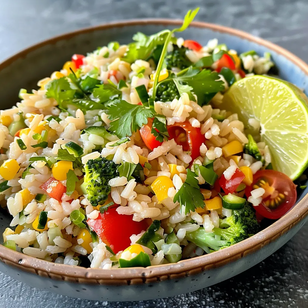 Primer plano de ensalada de arroz con atún y verduras frescas.