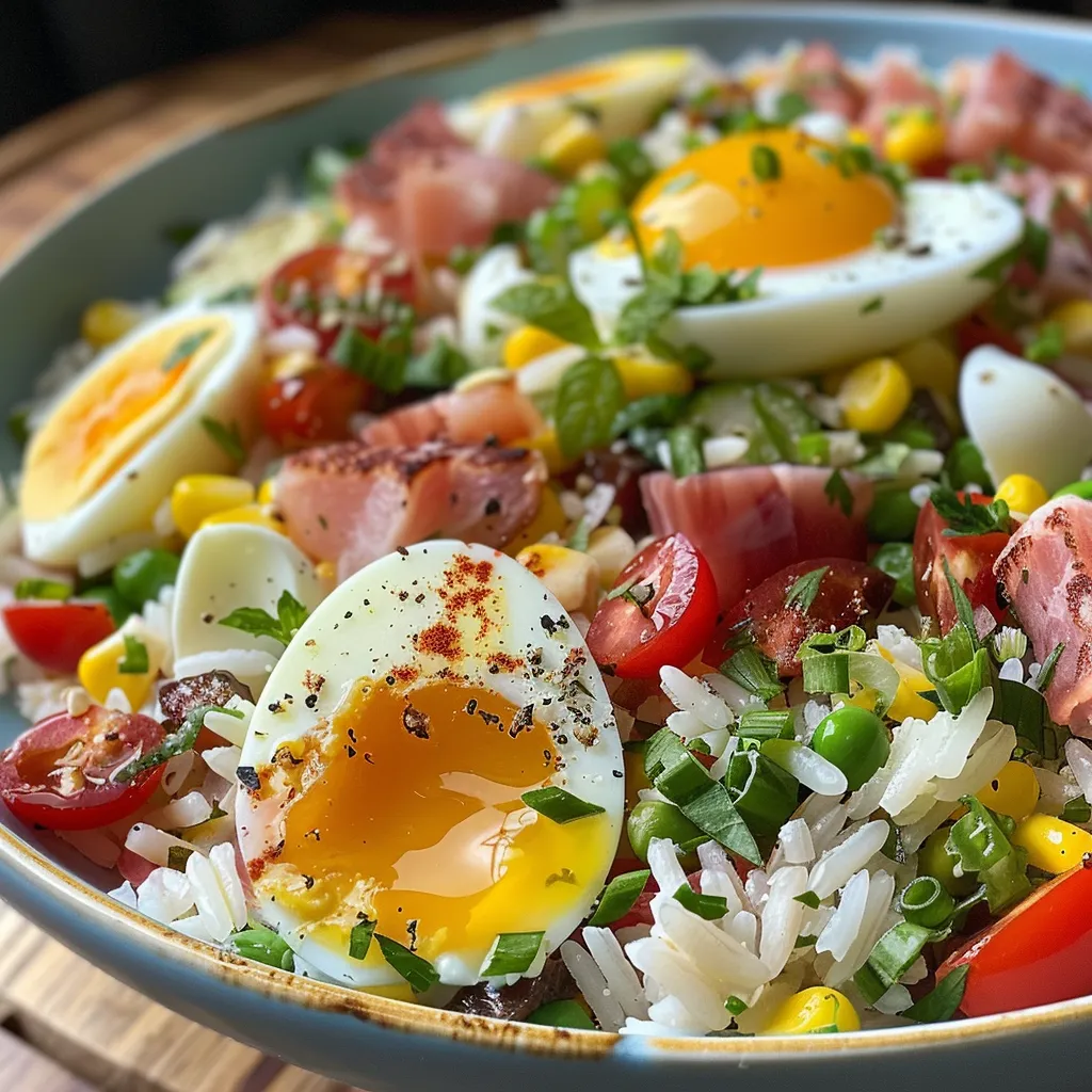 Ensalada de arroz con huevos y atún en primer plano, mostrando ingredientes frescos y coloridos.