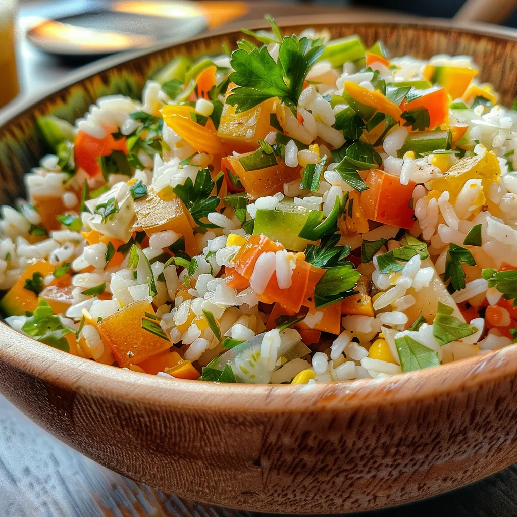 Close up de una ensalada fresca de arroz integral con zanahoria y pepino.