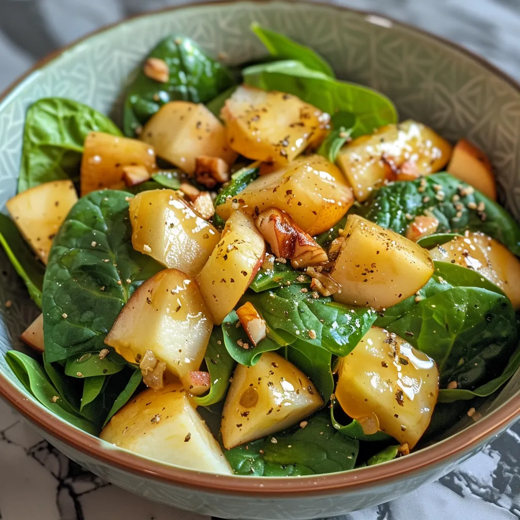 Primer plano de ensalada fresca con espinacas y manzana roja.