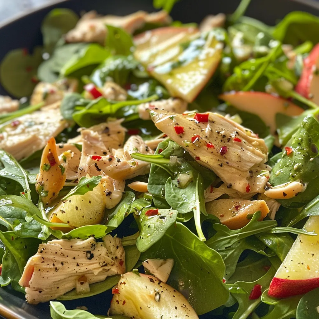 Primer plano de ensalada fresca con espinacas, manzana y pollo.