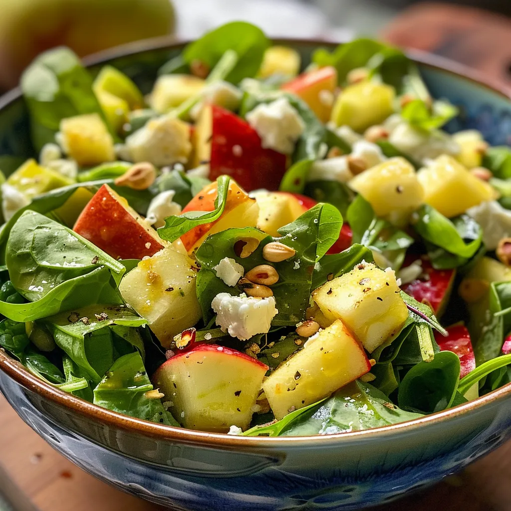 Ensalada de espinacas con manzanas y nueces en un tazón.