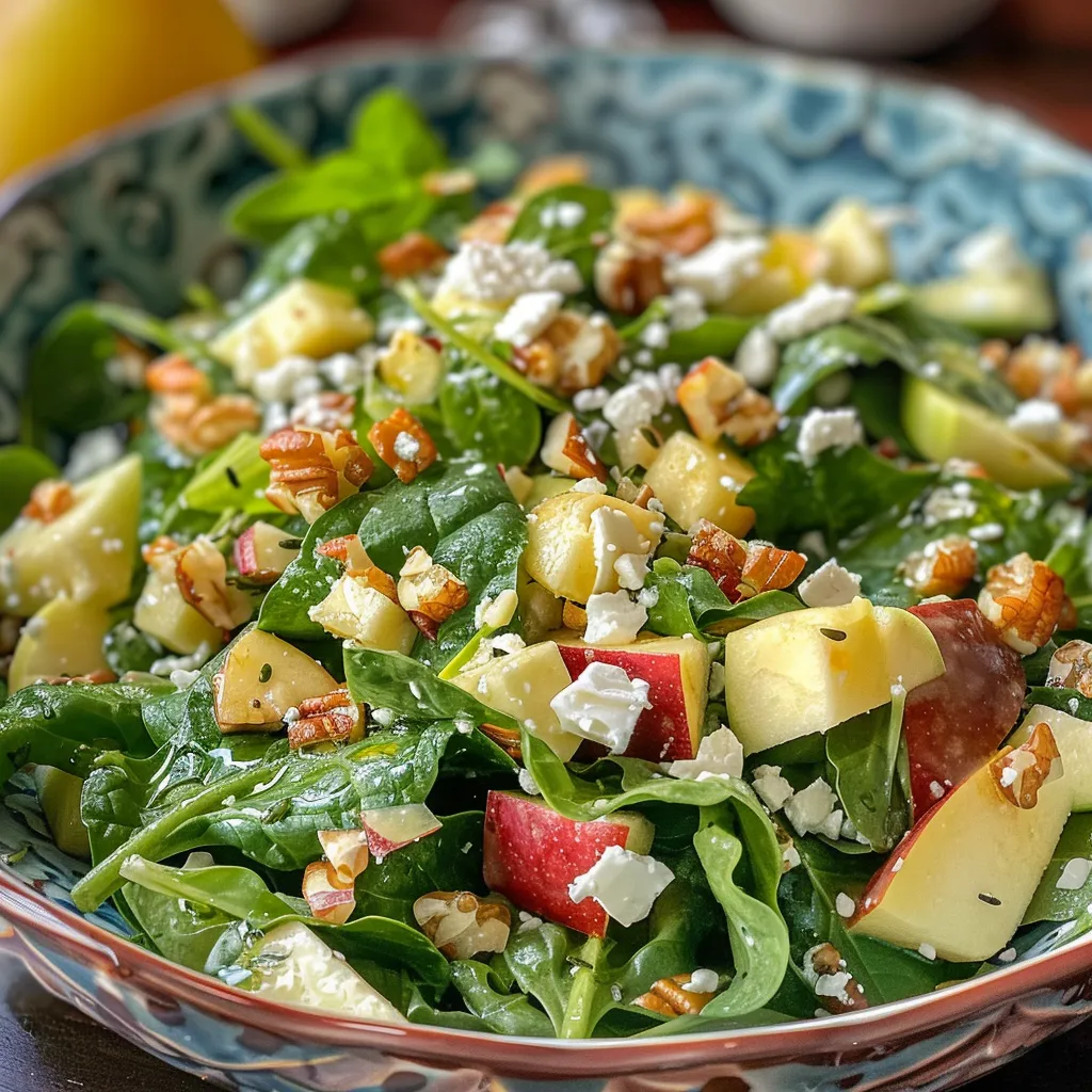 Primer plano de una ensalada fresca con espinacas y trozos de manzana.