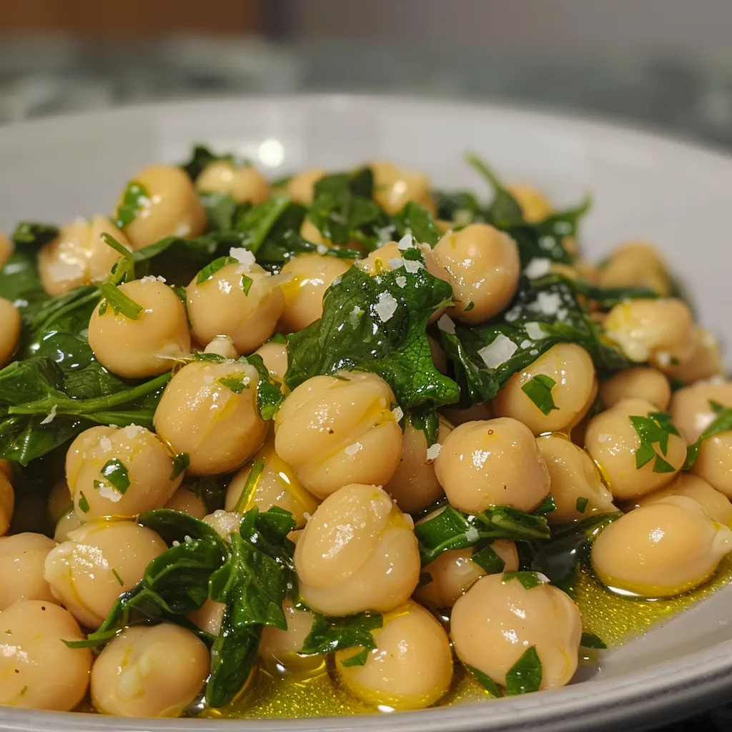 Ensalada de garbanzos con espinacas en un plato blanco, con ingredientes frescos visibles.