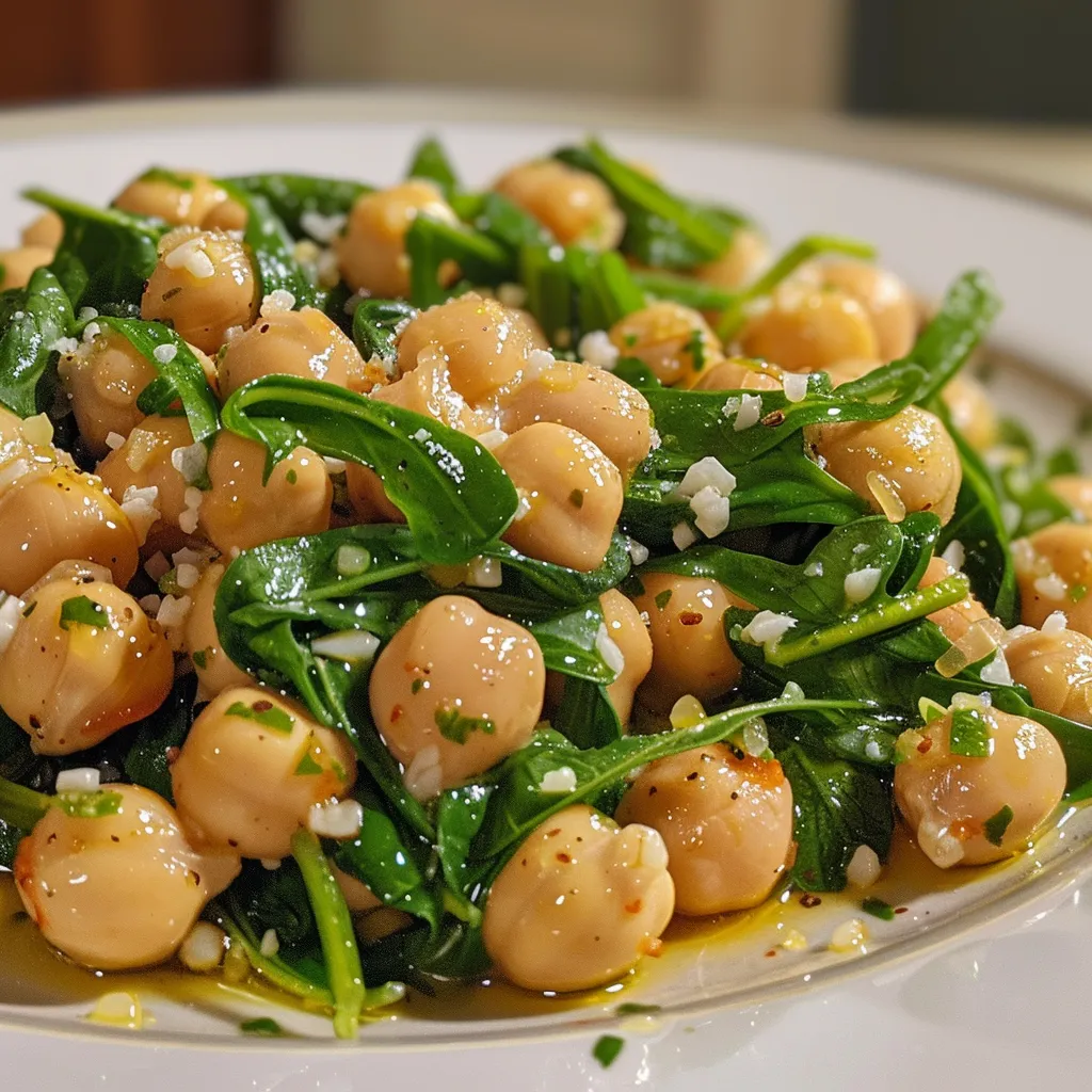 Vista lateral de una ensalada de garbanzos y espinacas, destacando su colorido.