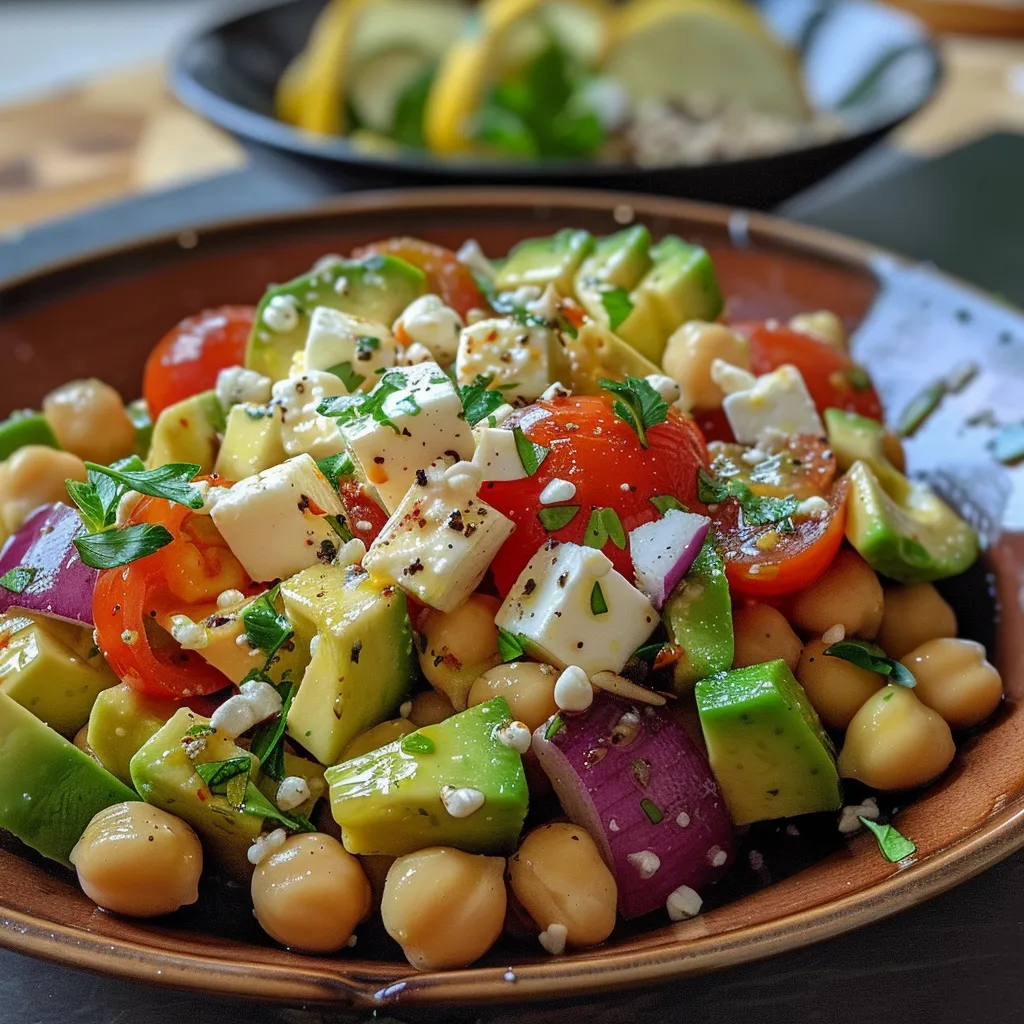 Ensalada de garbanzos con aguacate y feta en un plato.