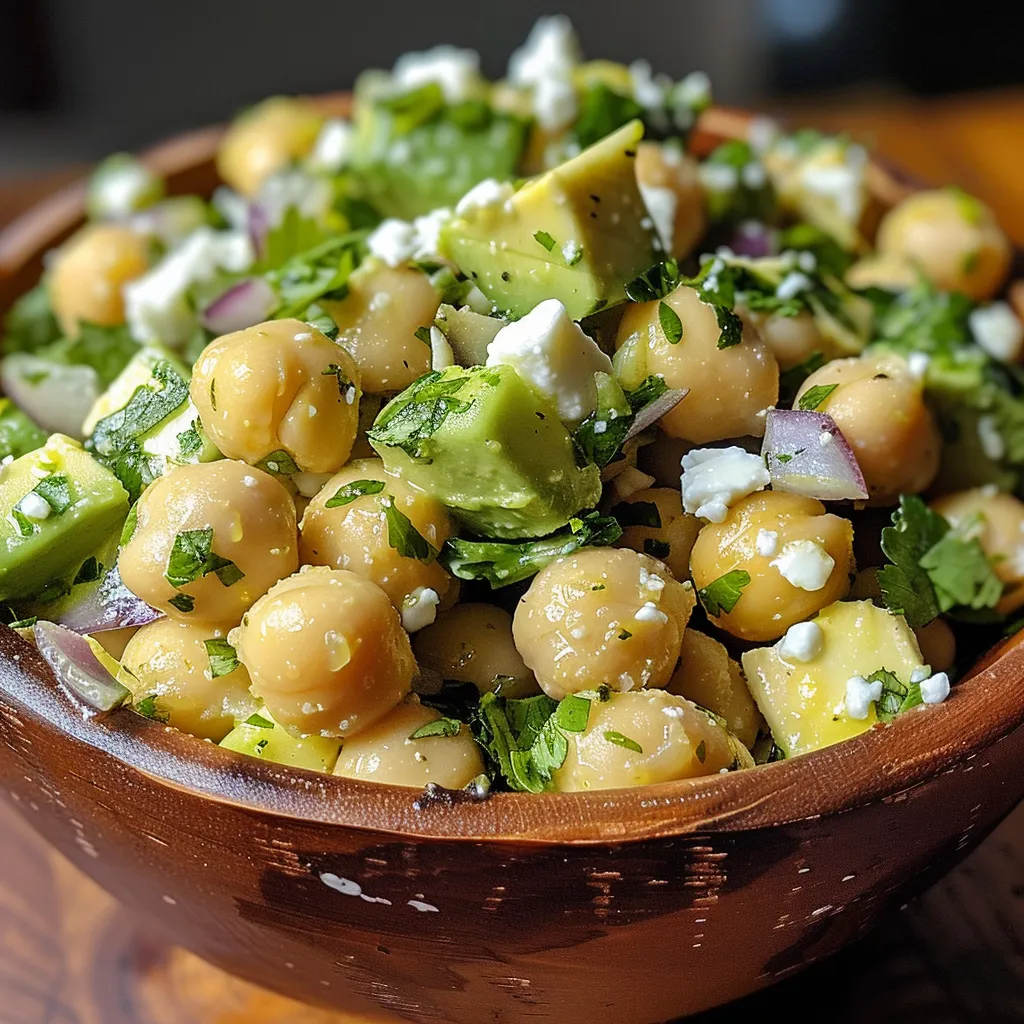 Primer plano de una ensalada fresca con garbanzos, aguacate y queso feta.