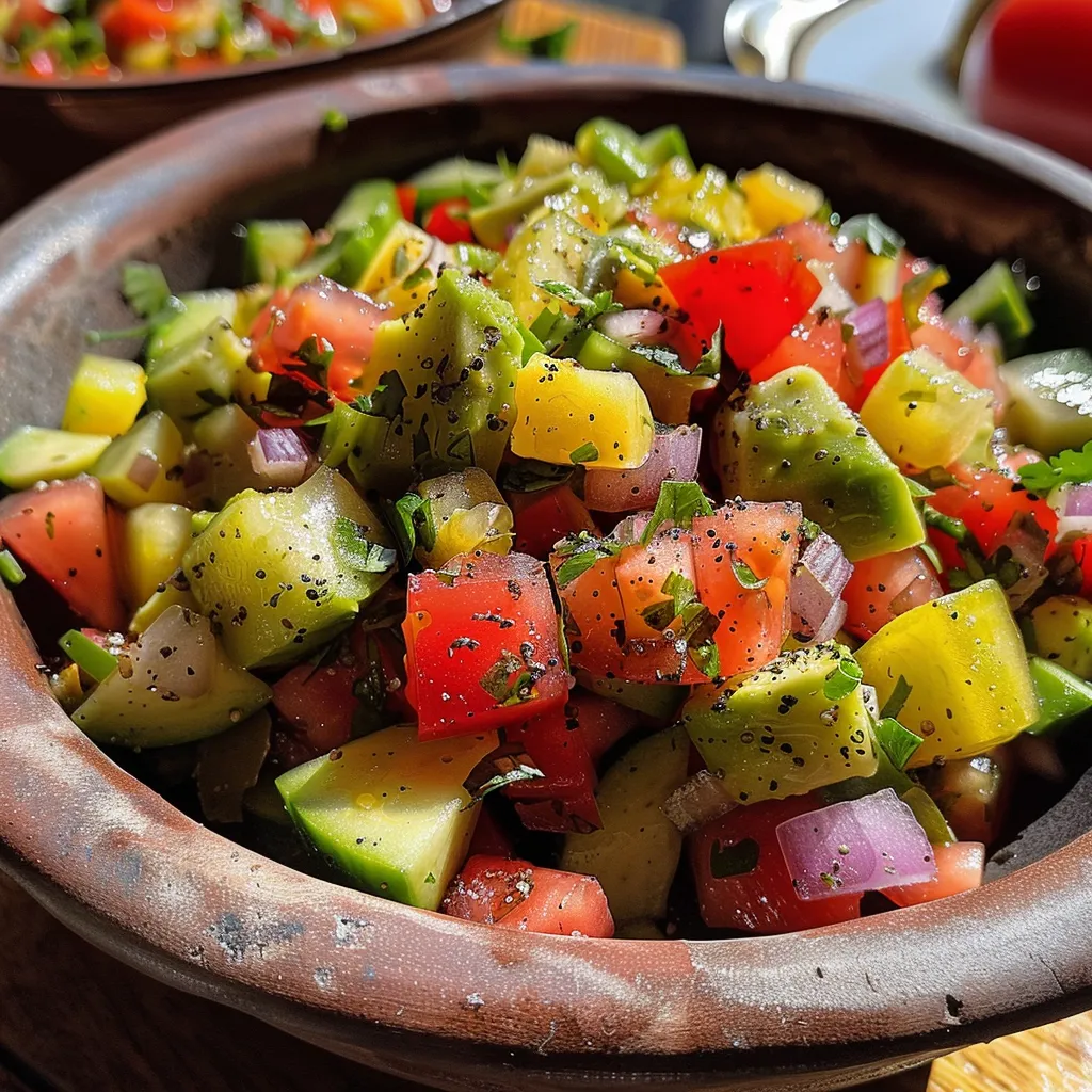 Close up de ensalada colorida con lentejas, aguacate y vegetales.