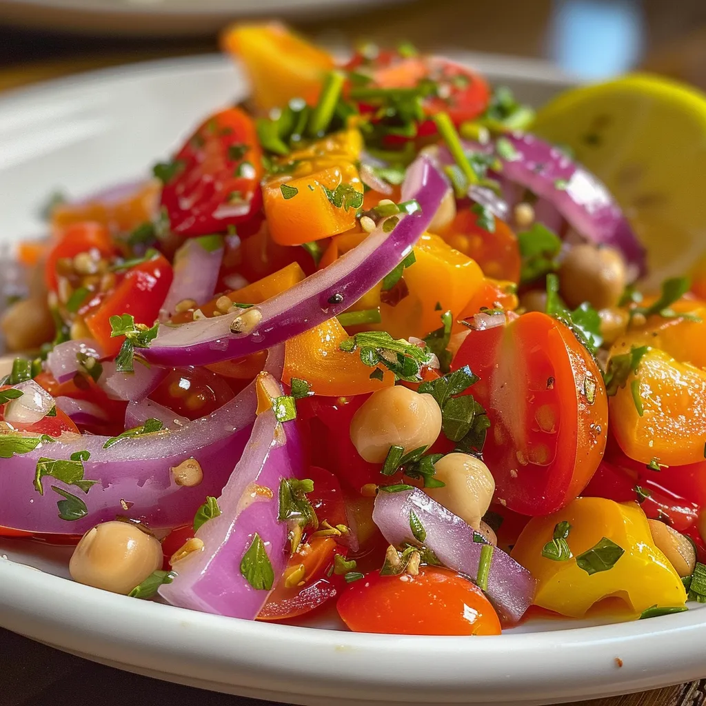 Primer plano de una ensalada colorida con lentejas y vegetales frescos.