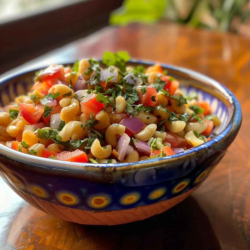 Primer plano de una ensalada colorida de lentejas incluyendo aceitunas y cebolla morada.