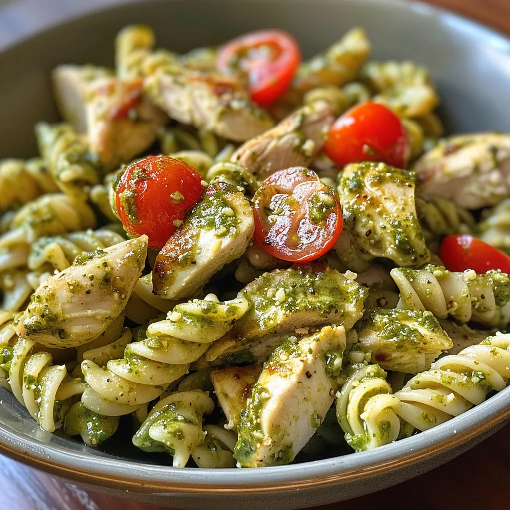 Ensalada de pasta con pollo y pesto, vista lateral, presentada en un plato.