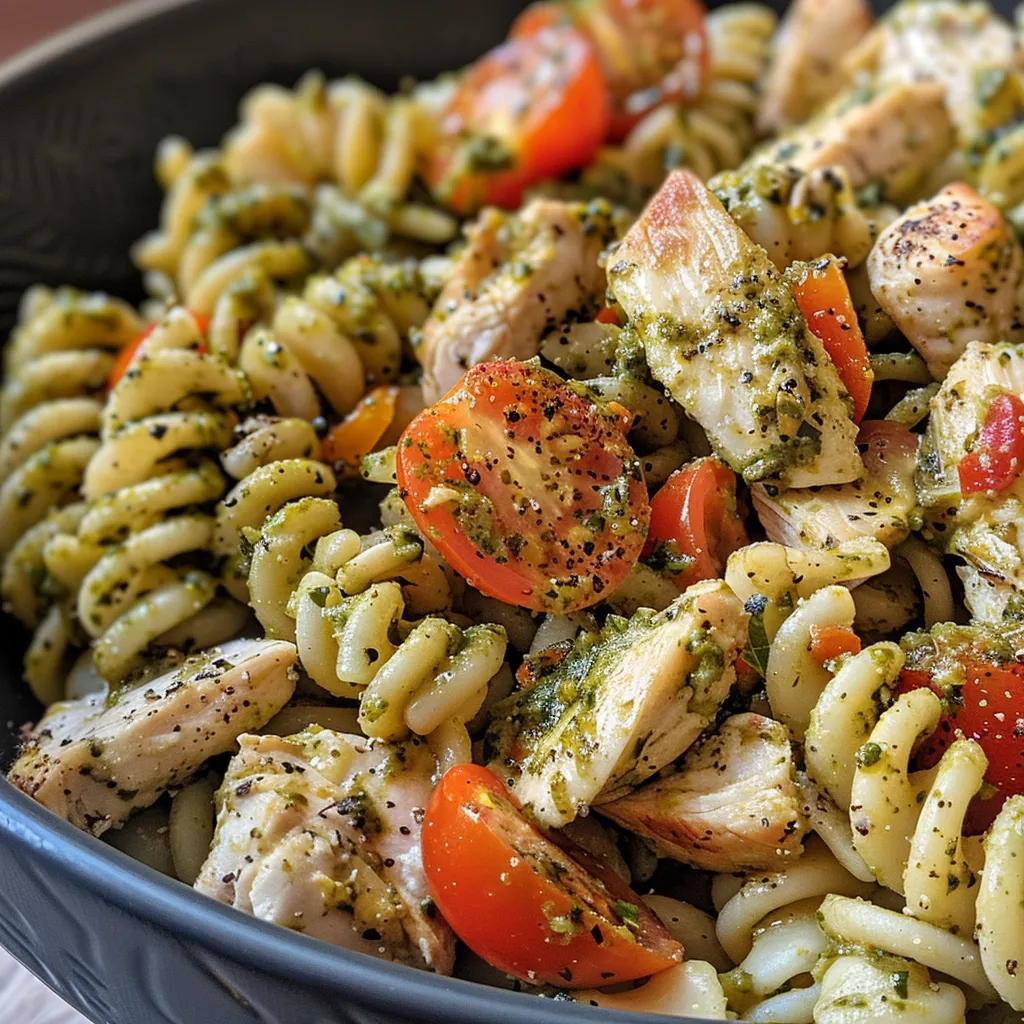 Close up de ensalada de pasta con pollo y vegetales frescos, destacando el pesto.