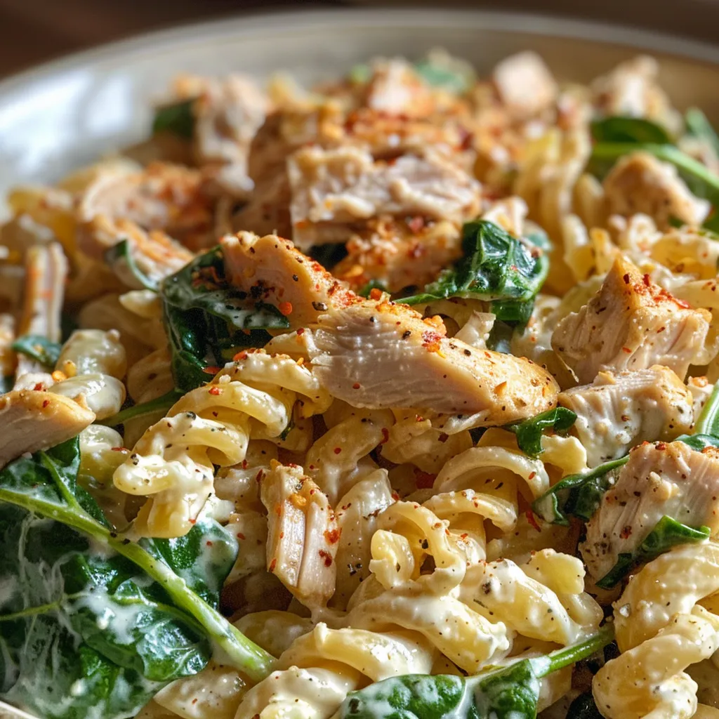 Seitenansicht eines bunten Pasta-Salats mit frischem Spinat und zartem Hähnchen.