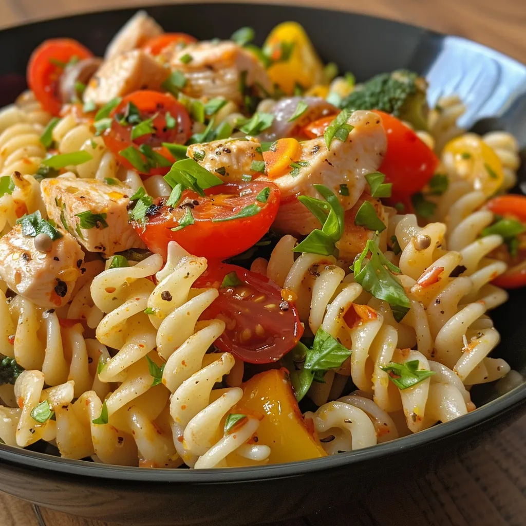Ensalada de pasta integral con pollo y vegetales en primer plano.