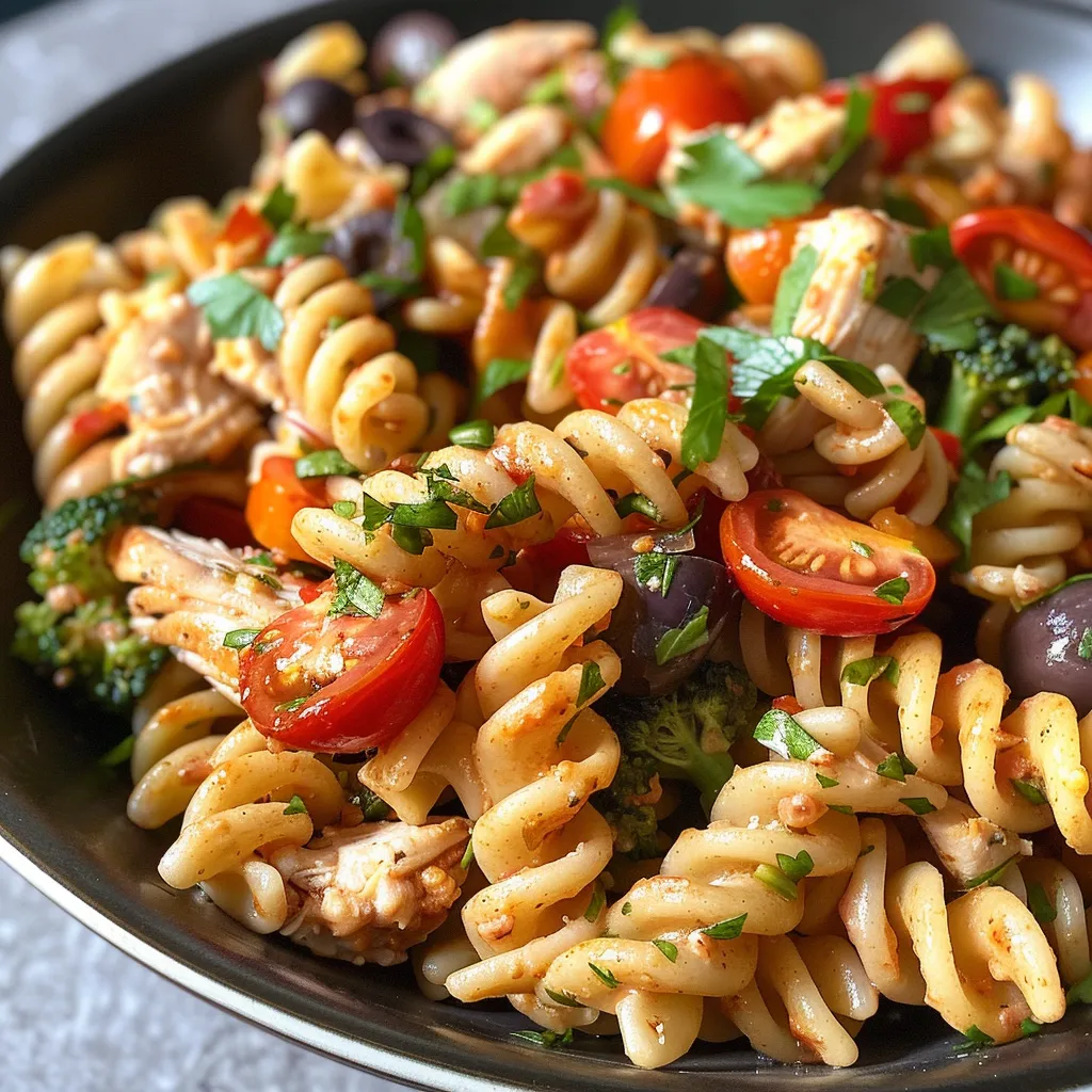 Tazón de ensalada de pasta con pollo, tomates cherry y brócoli.